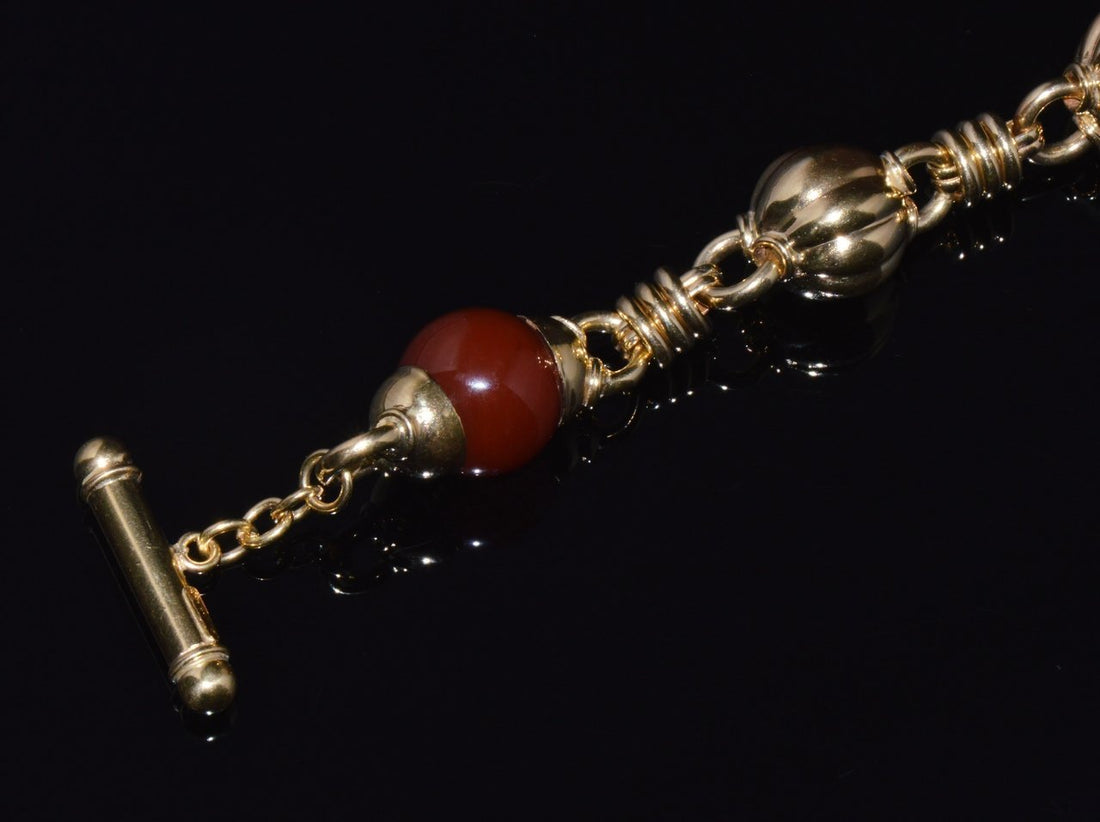 Estate Primavera Preziosi Italian Solid 18K Gold Carnelian Bead Fluted Ball Toggle Bracelet