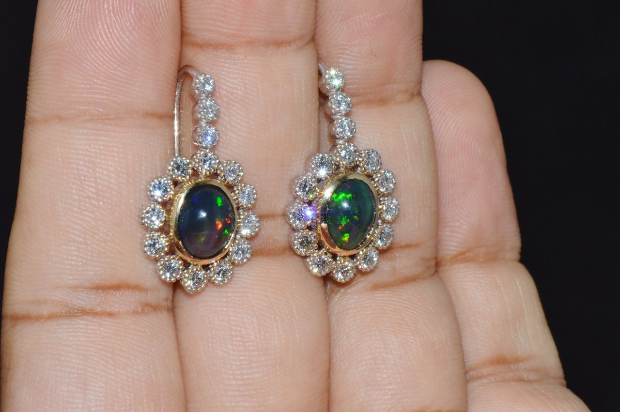 Certified Natural 4.52CTS VS F Diamond Black Opal 18K Solid Gold Halo Dangle Earrings