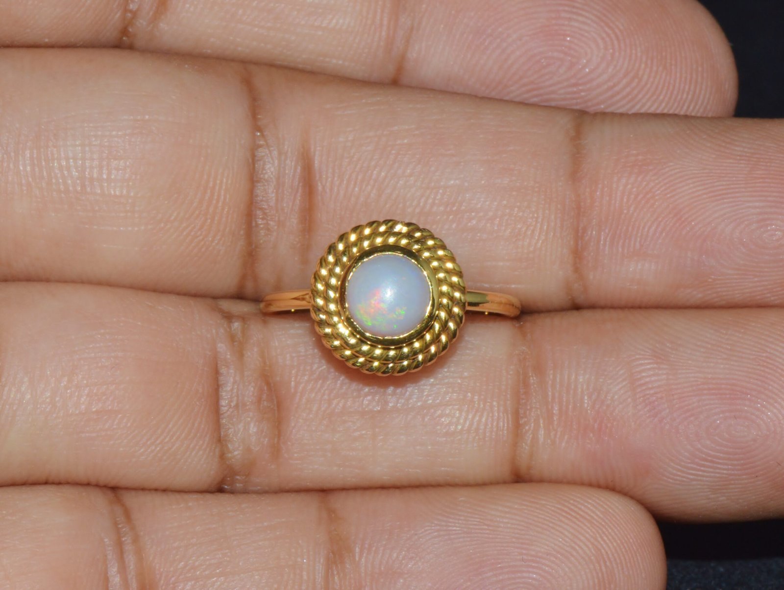Certified Natural 1.18Cts Cabochon Opal 750 18K Solid Gold Bezel Filigree Stacking Ring