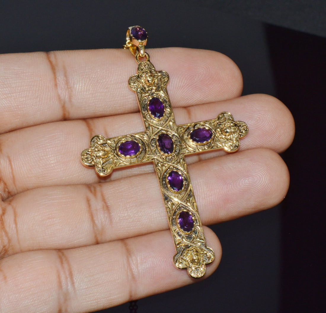 Certified Natural 2.95Cts Amethyst 18K 750 Solid Gold Engraved Cross Etruscan Pendant