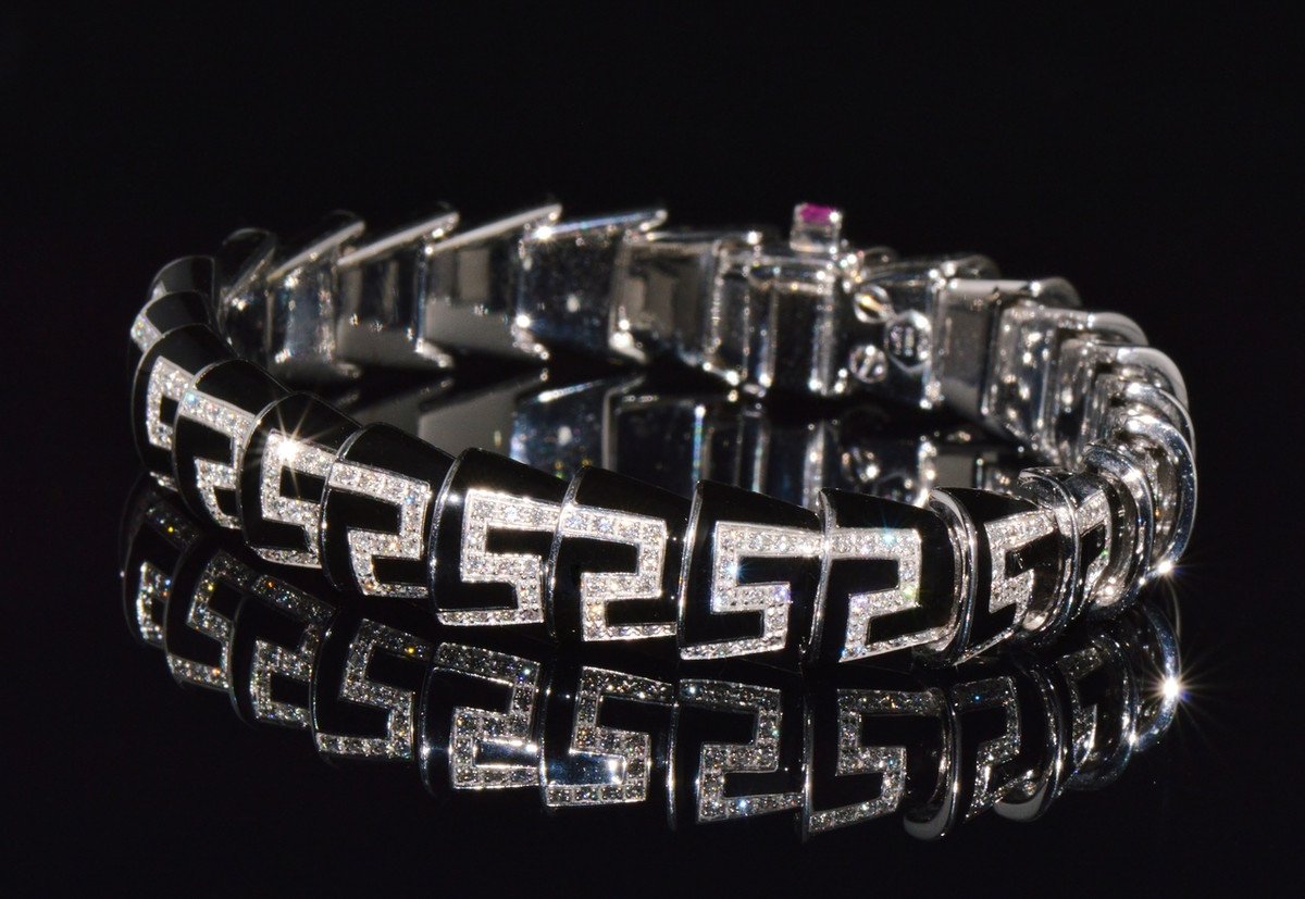 Rare Roberto Coin Cobra 1.78CT Diamond & Black Enamel Bracelet in Solid 18K White Gold