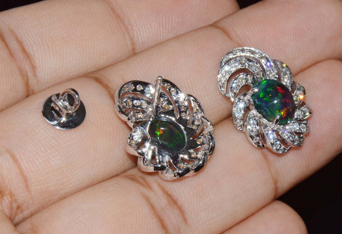 Certified Natural 3.45Cts VS F Diamond Black Opal 18K Solid Gold Cocktail Swirl Earrings