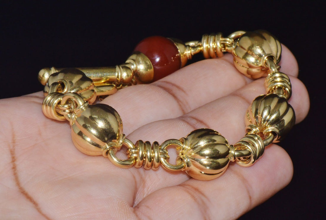 Estate Primavera Preziosi Italian Solid 18K Gold Carnelian Bead Fluted Ball Toggle Bracelet
