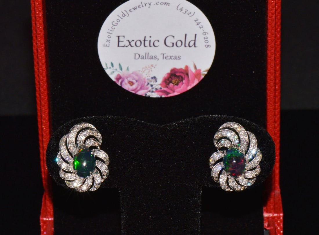 Certified Natural 3.45Cts VS F Diamond Black Opal 18K Solid Gold Cocktail Swirl Earrings