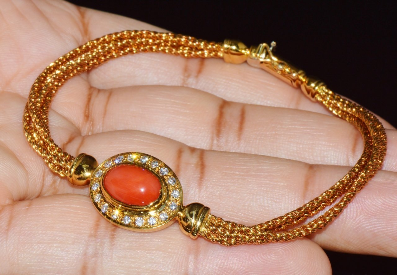 Designer Italian Natural Mediterranean Coral Diamond 18K Solid Gold Multi-Strand Bracelet
