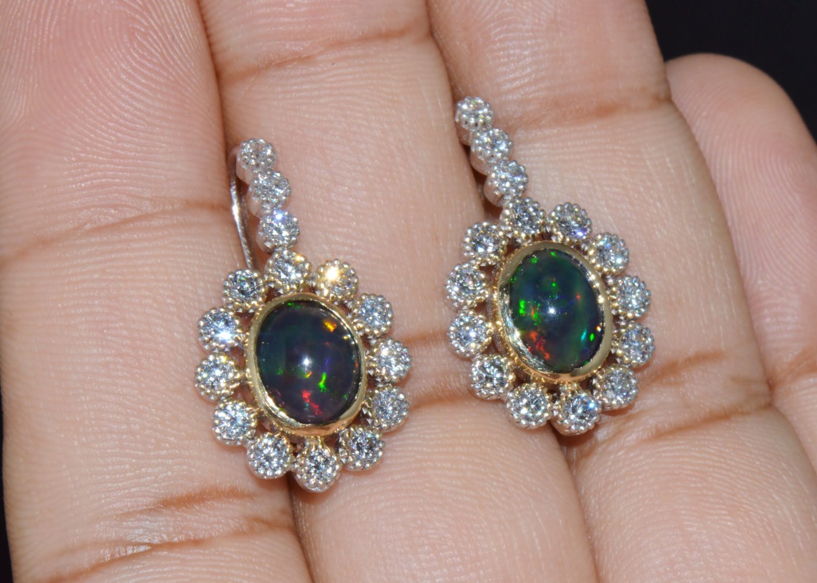 Certified Natural 4.52CTS VS F Diamond Black Opal 18K Solid Gold Halo Dangle Earrings