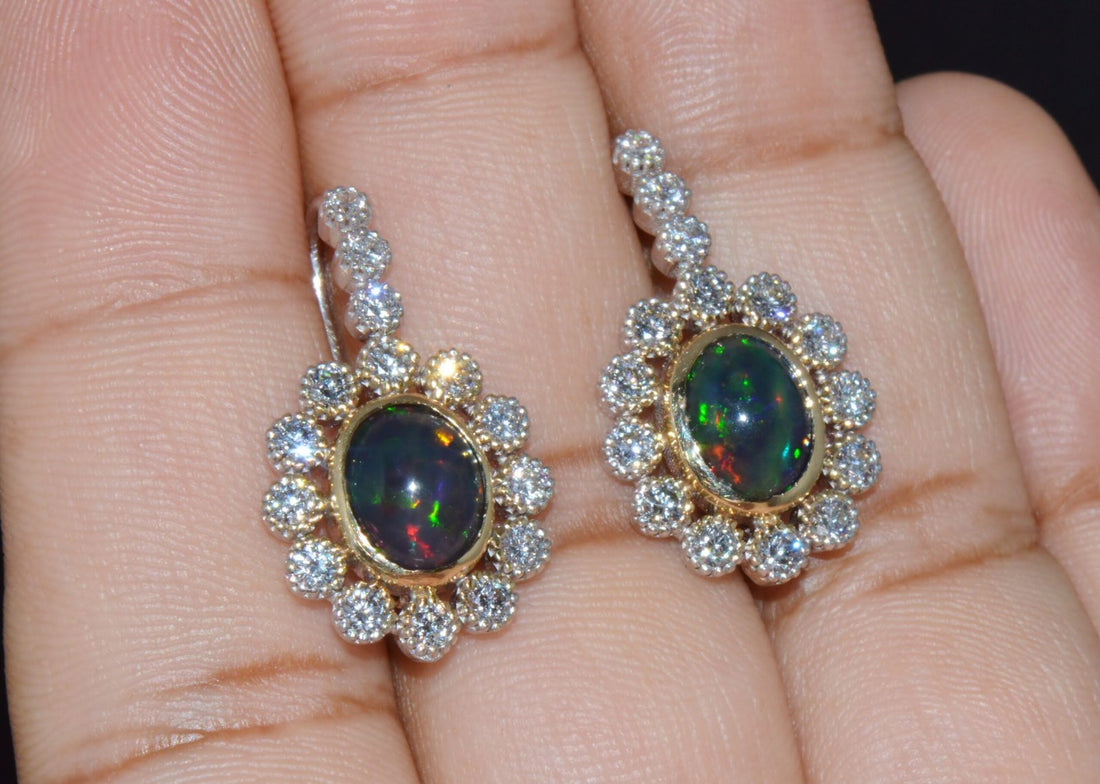 Certified Natural 4.52CTS VS F Diamond Black Opal 18K Solid Gold Halo Dangle Earrings