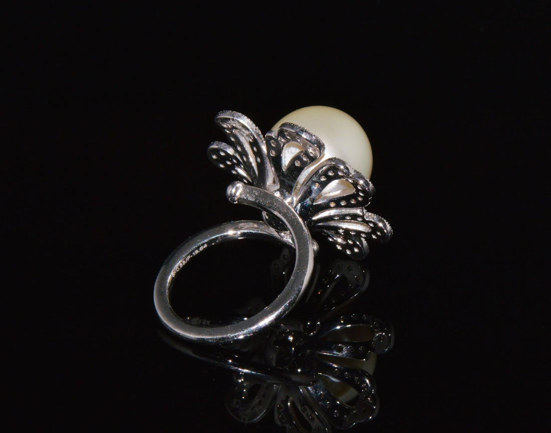 Certified Natural 0.88Cts VS F Diamond 14MM South Sea Pearl 18K Solid Gold Floral Ring