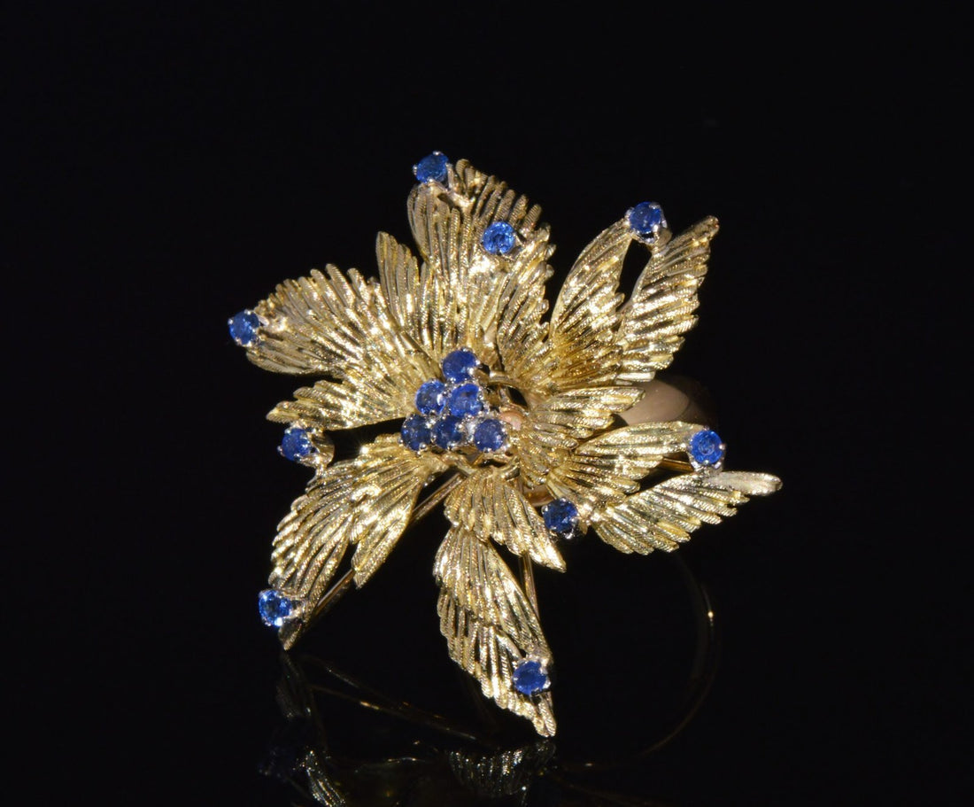 Gorgeous Natural 1.10Cts Sapphire 18K 750 Solid Gold Floral Cocktail Ring