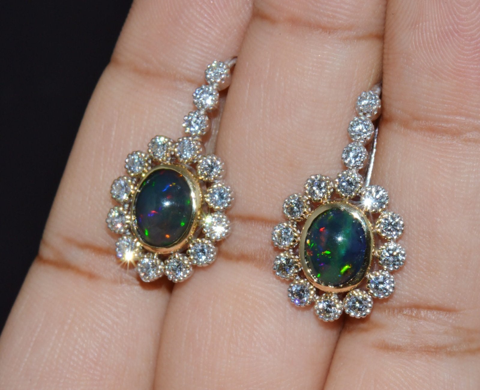 Certified Natural 4.52CTS VS F Diamond Black Opal 18K Solid Gold Halo Dangle Earrings