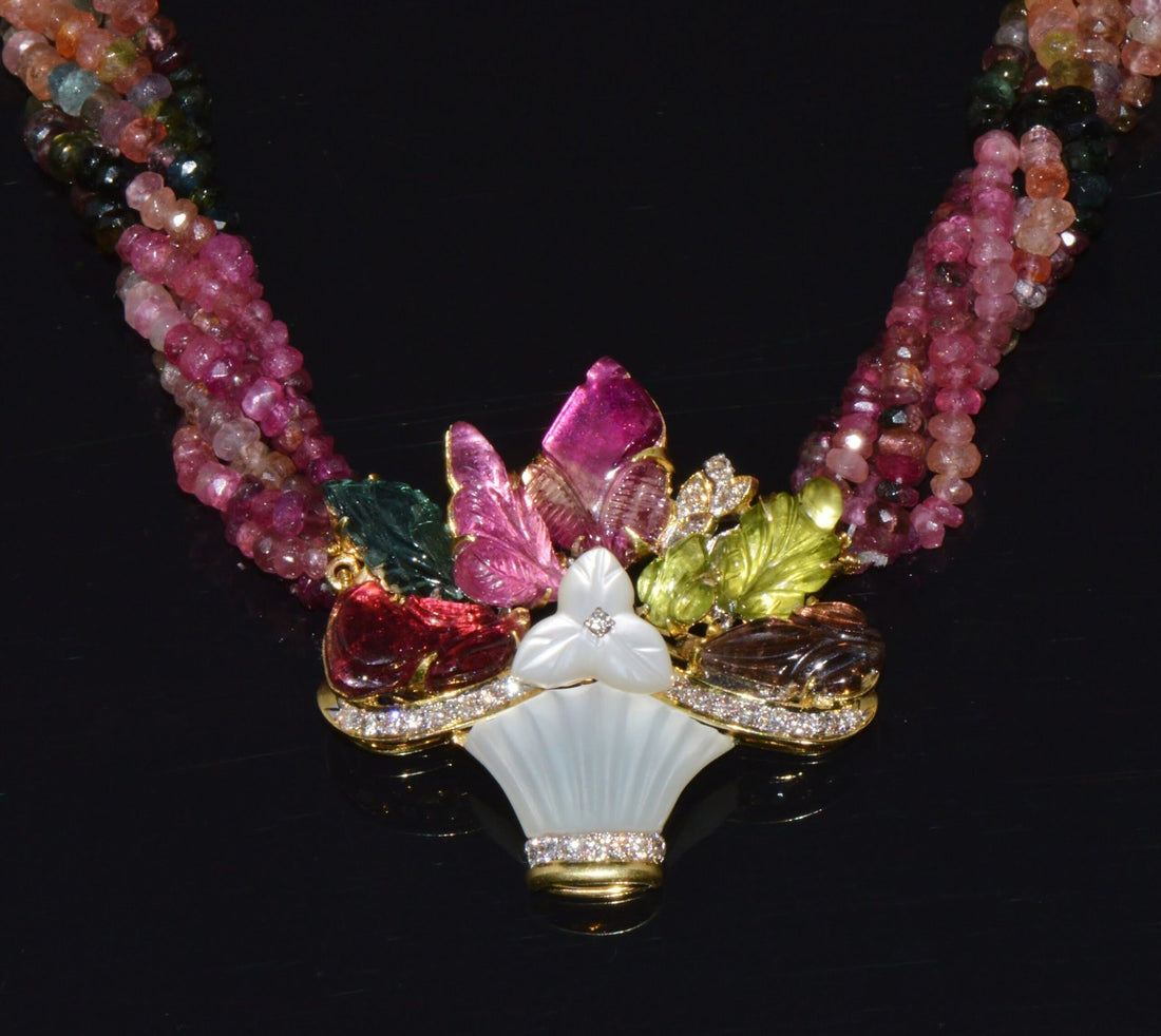 Certified Natural 281.22Cts SI H Diamond Multi Tourmaline Peridot 18K Gold Pendant Brooch Necklace