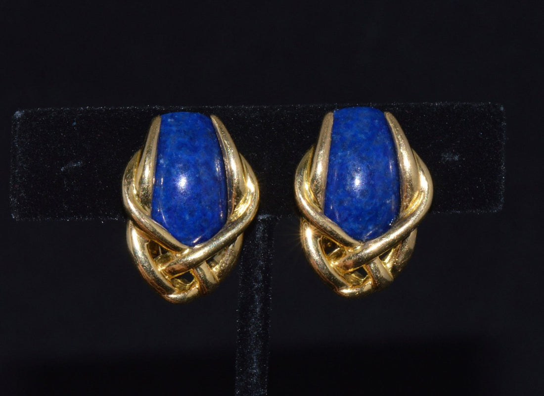 Gorgeous Italian Greek 18K 750 Solid Gold Lapis Lazuli Cluster Clip On Earrings