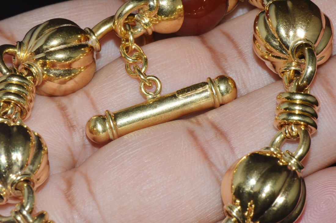 Estate Primavera Preziosi Italian Solid 18K Gold Carnelian Bead Fluted Ball Toggle Bracelet