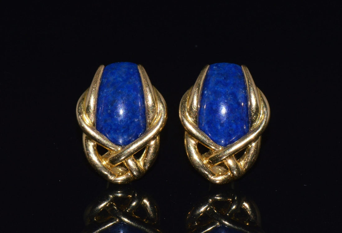 Gorgeous Italian Greek 18K 750 Solid Gold Lapis Lazuli Cluster Clip On Earrings