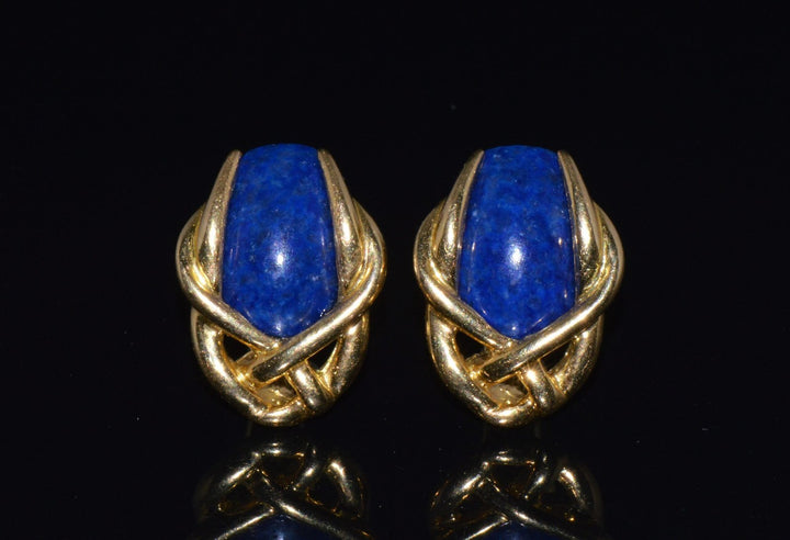 Gorgeous Italian Greek 18K 750 Solid Gold Lapis Lazuli Cluster Clip On Earrings