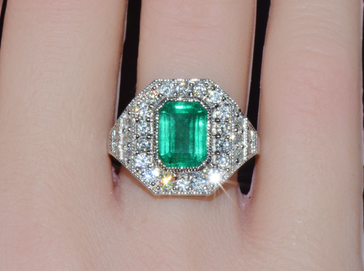 GIA Certified 3.98CT Natural Zambian Emerald & Diamond Tiered Halo Milgrain 18K White Gold Ring