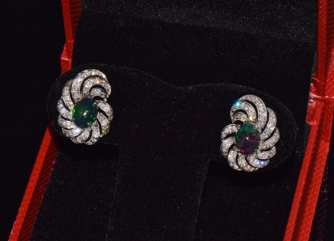 Certified Natural 3.45Cts VS F Diamond Black Opal 18K Solid Gold Cocktail Swirl Earrings
