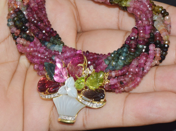 Certified Natural 281.22Cts SI H Diamond Multi Tourmaline Peridot 18K Gold Pendant Brooch Necklace