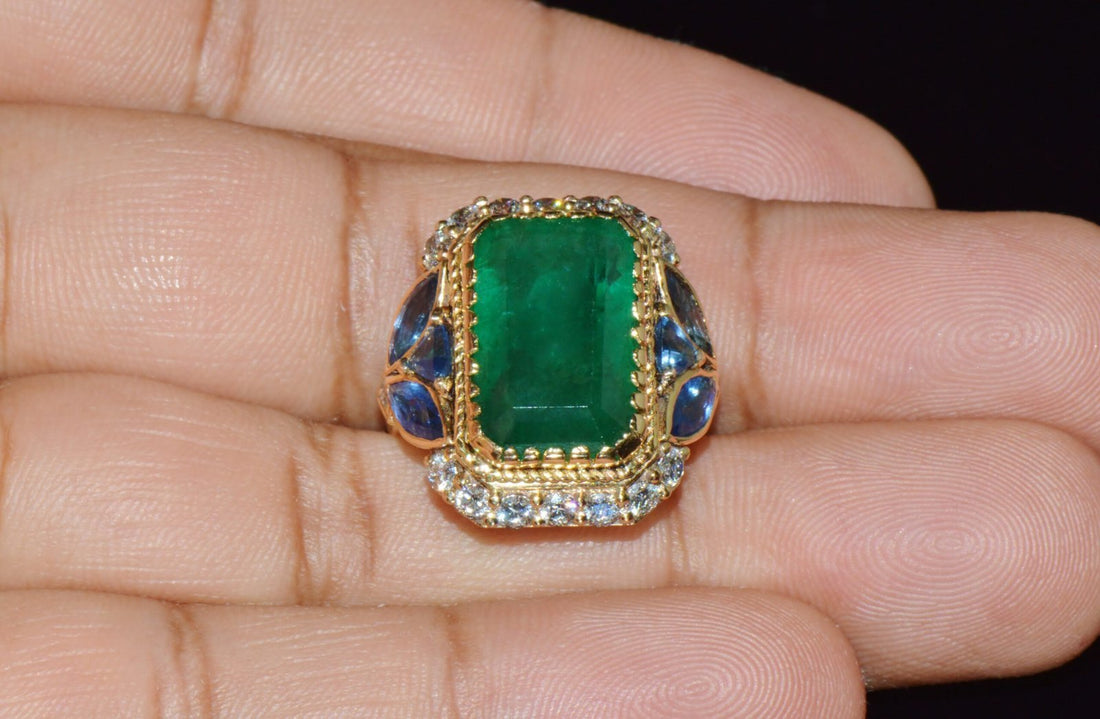 GIA Certified Natural 12.80CTS Emerald Sapphire Diamond 18K Solid Gold Cocktail Ring