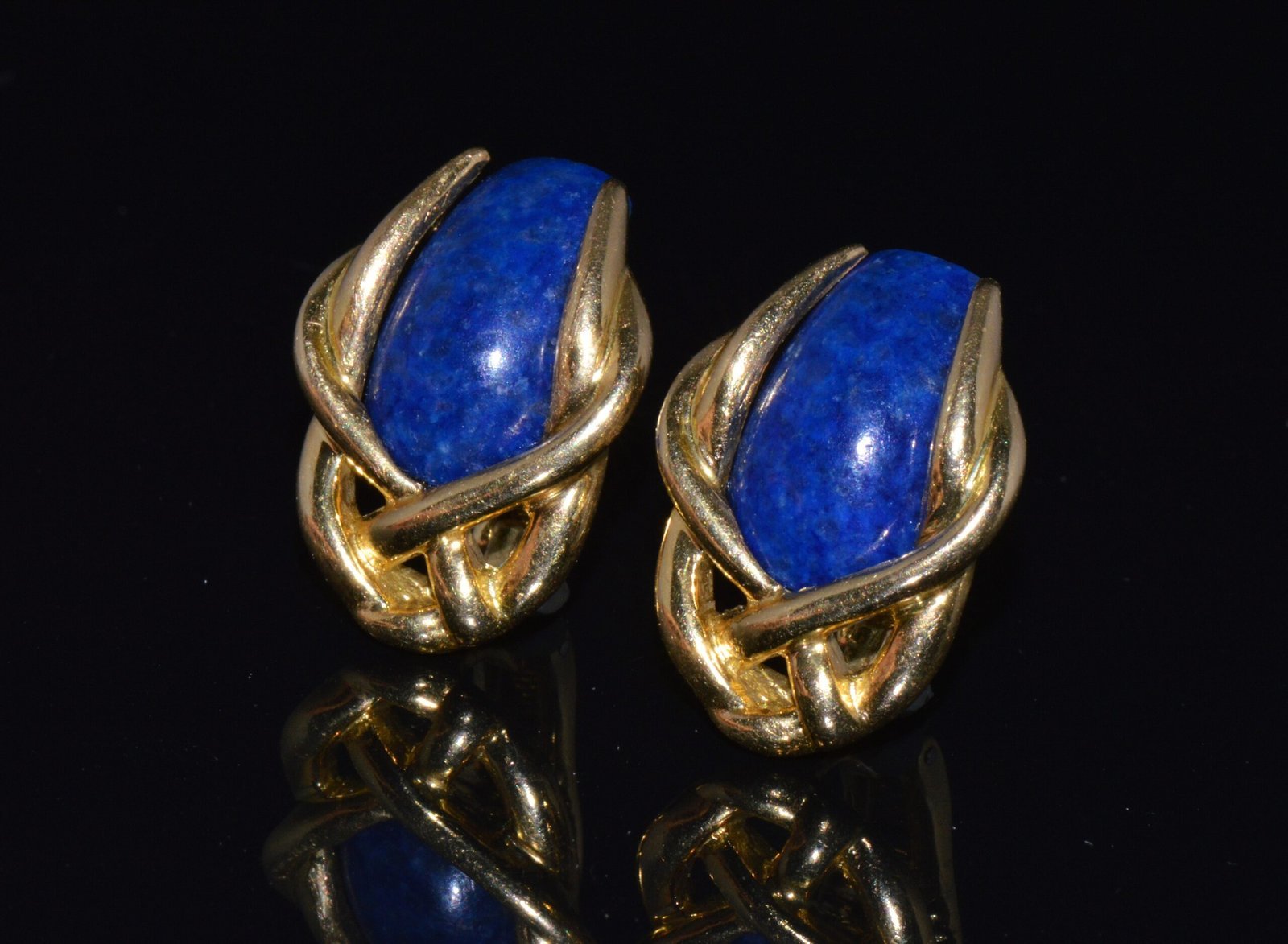 Gorgeous Italian Greek 18K 750 Solid Gold Lapis Lazuli Cluster Clip On Earrings