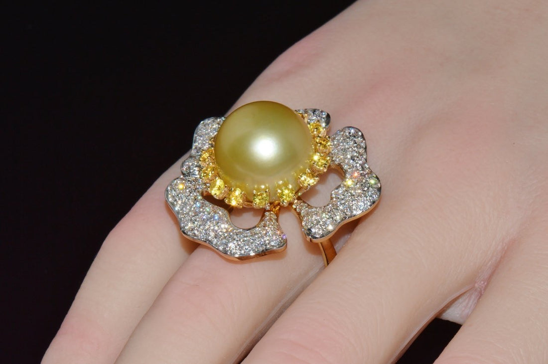 Certified Natural 26Cts VS F Diamond 15MM South Sea Pearl Sapphire 18K Solid Gold Floral Cluster Ring