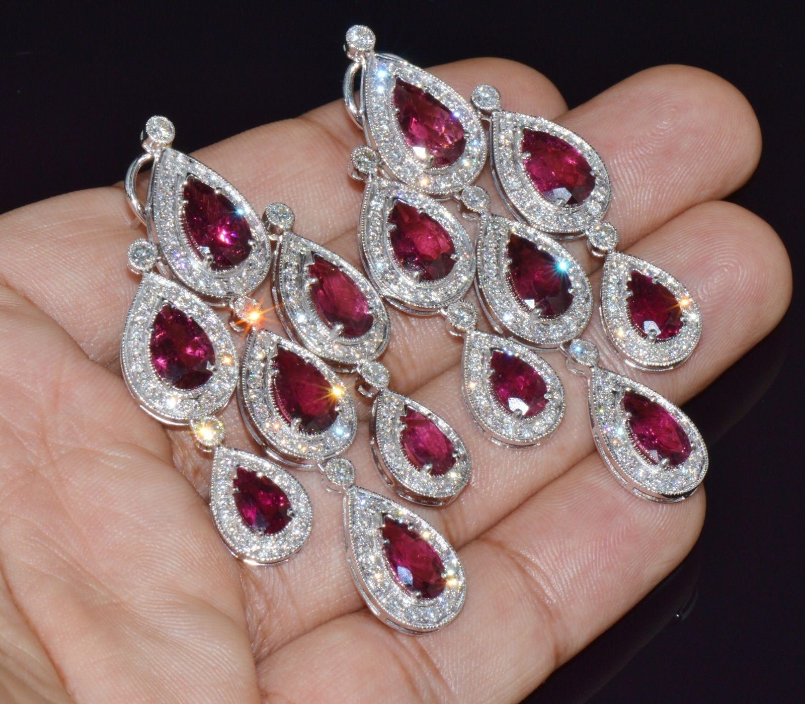 Certified Natural 23.53CTS VS F Diamond Rubellite Tourmaline Chandelier Halo Earrings