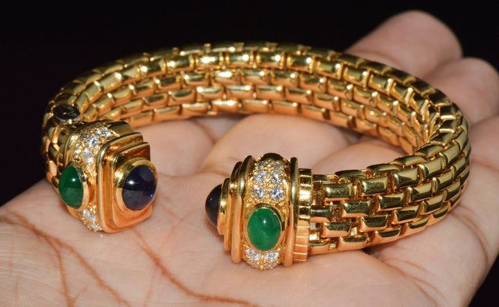 Vintage FOPE Flex’it Natural 5.20CT Diamond Sapphire Emerald 18K Gold Open Cuff Bracelet