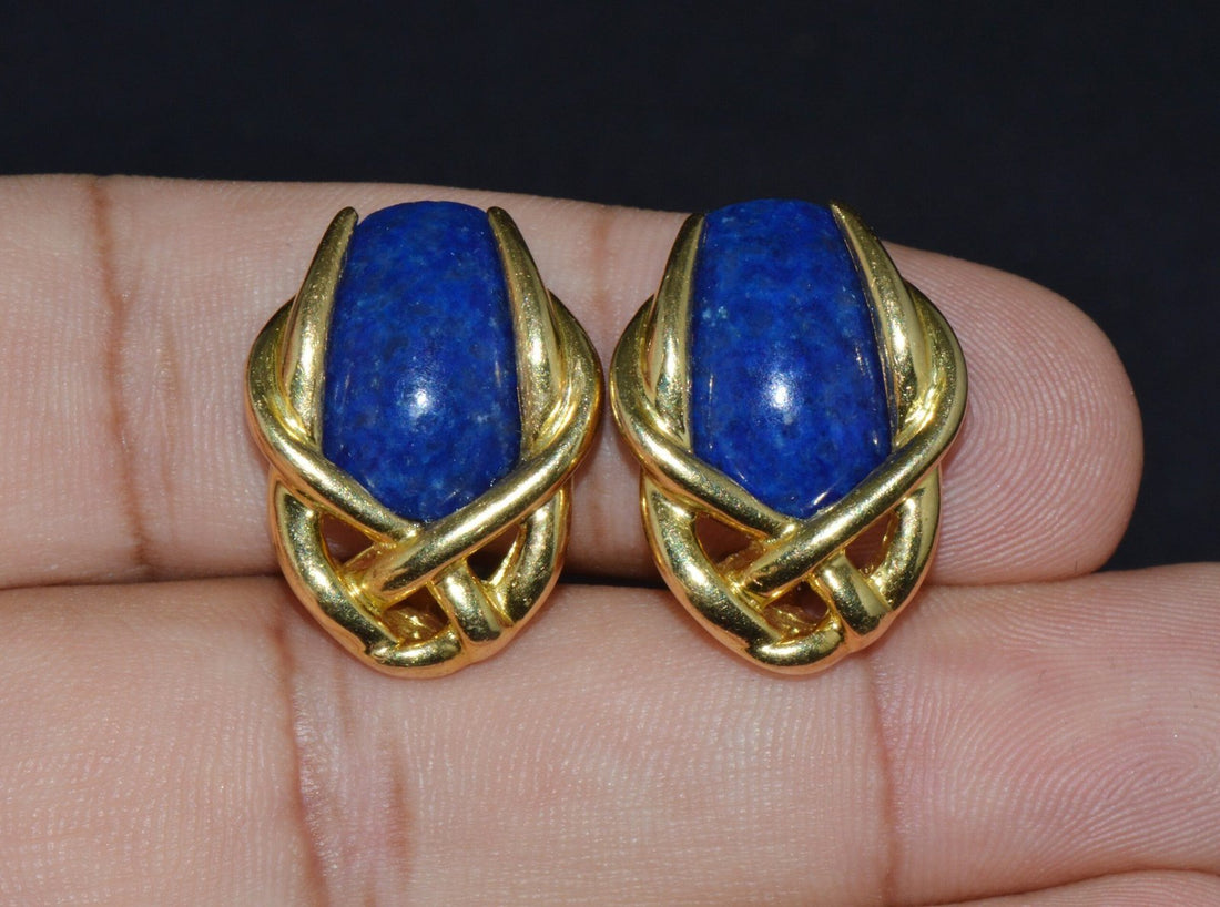 Gorgeous Italian Greek 18K 750 Solid Gold Lapis Lazuli Cluster Clip On Earrings