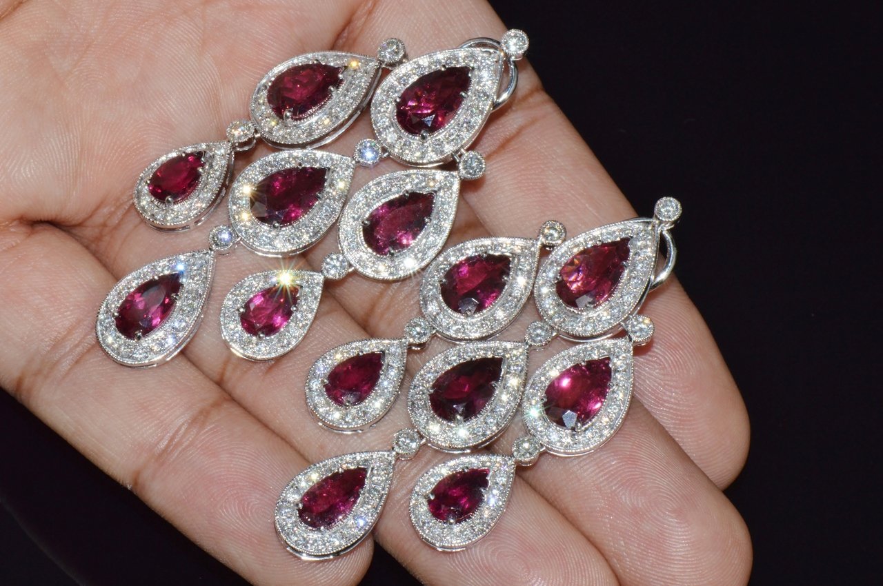 Certified Natural 23.53CTS VS F Diamond Rubellite Tourmaline Chandelier Halo Earrings