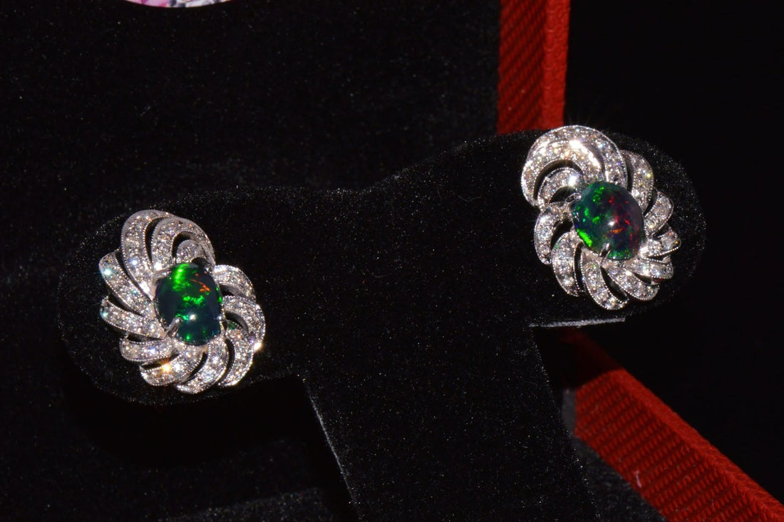 Certified Natural 3.45Cts VS F Diamond Black Opal 18K Solid Gold Cocktail Swirl Earrings