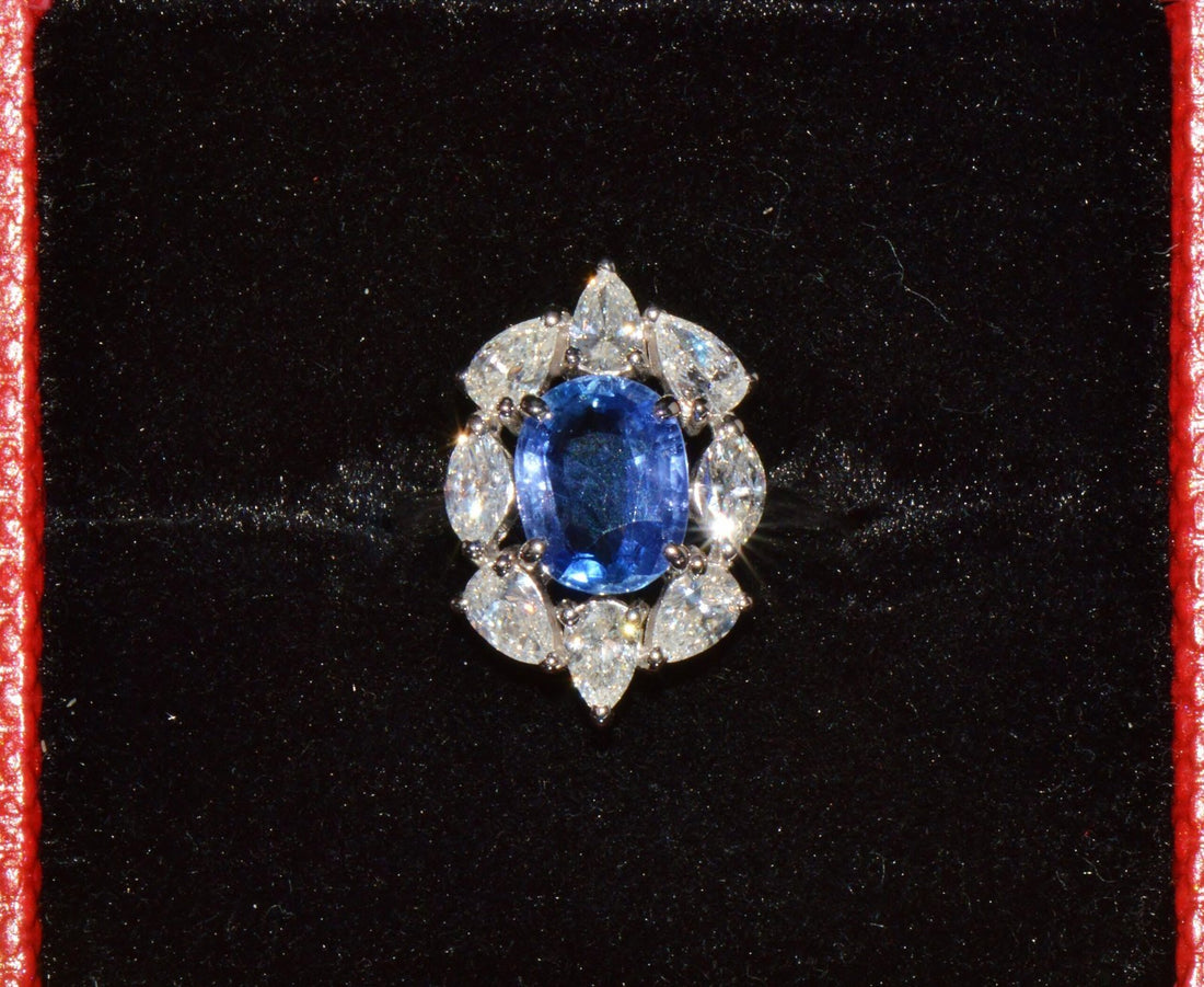 GIA Certified 3.29CT No-Heat Blue Sapphire & Diamond 18K Gold Halo Ring