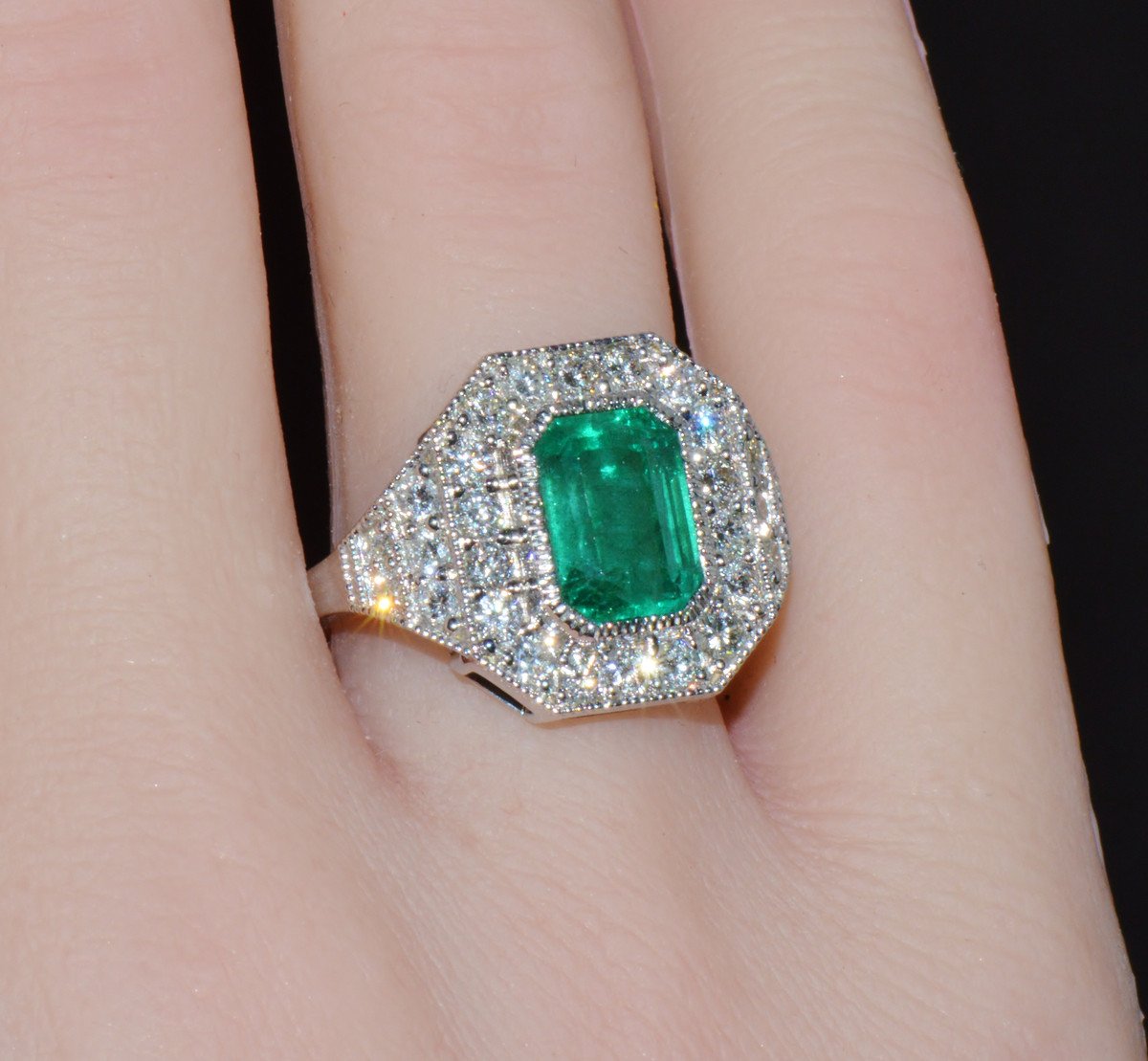 GIA Certified 3.98CT Natural Zambian Emerald & Diamond Tiered Halo Milgrain 18K White Gold Ring