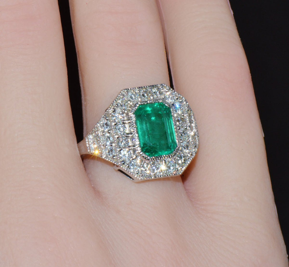 GIA Certified 3.98CT Natural Zambian Emerald & Diamond Tiered Halo Milgrain 18K White Gold Ring