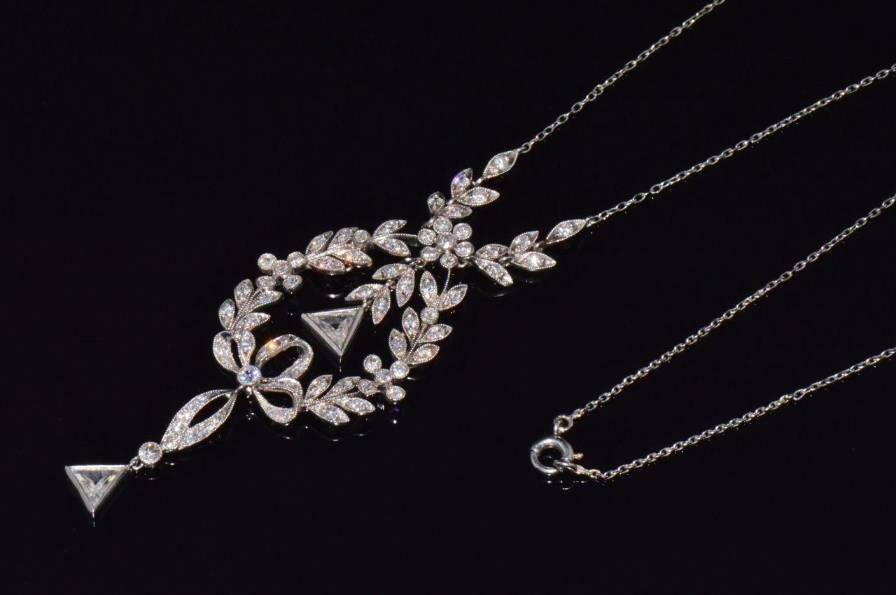 Estate Belle Epoque Edwardian Natural 2.44Cts Old European Cut Diamond Platinum Necklace