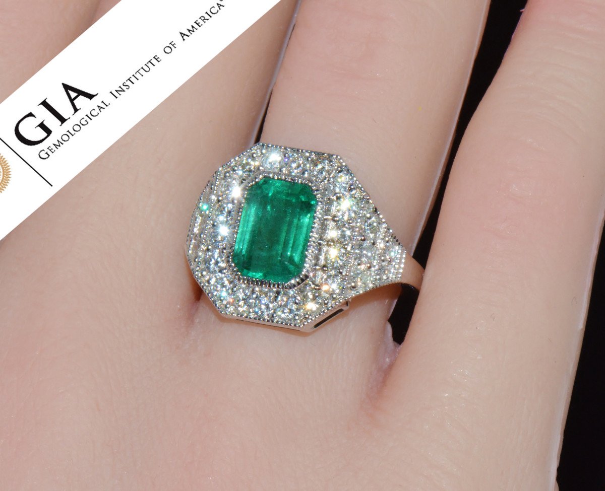 GIA Certified 3.98CT Natural Zambian Emerald & Diamond Tiered Halo Milgrain 18K White Gold Ring