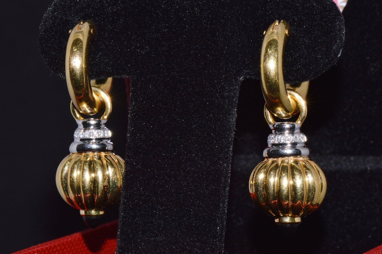 Vintage Italian Nuvola Oro Diamond Onyx 750 18K Gold 2-IN-1 Hoop Dangle Earrings
