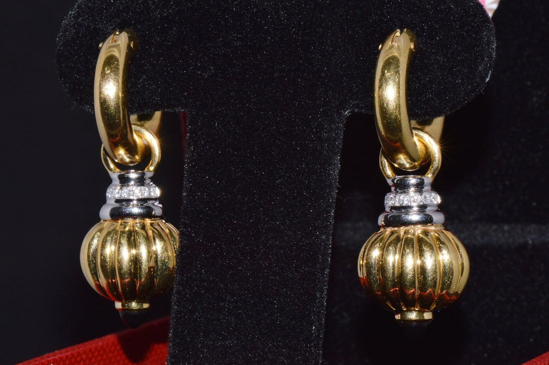 Vintage Italian Nuvola Oro Diamond Onyx 750 18K Gold 2-IN-1 Hoop Dangle Earrings