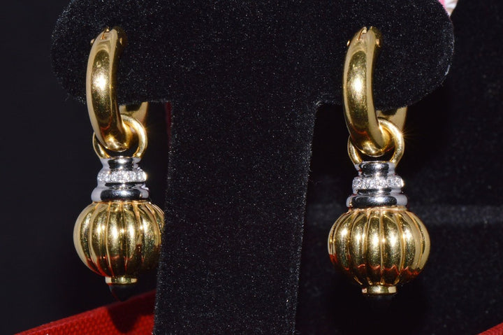 Vintage Italian Nuvola Oro Diamond Onyx 750 18K Gold 2-IN-1 Hoop Dangle Earrings