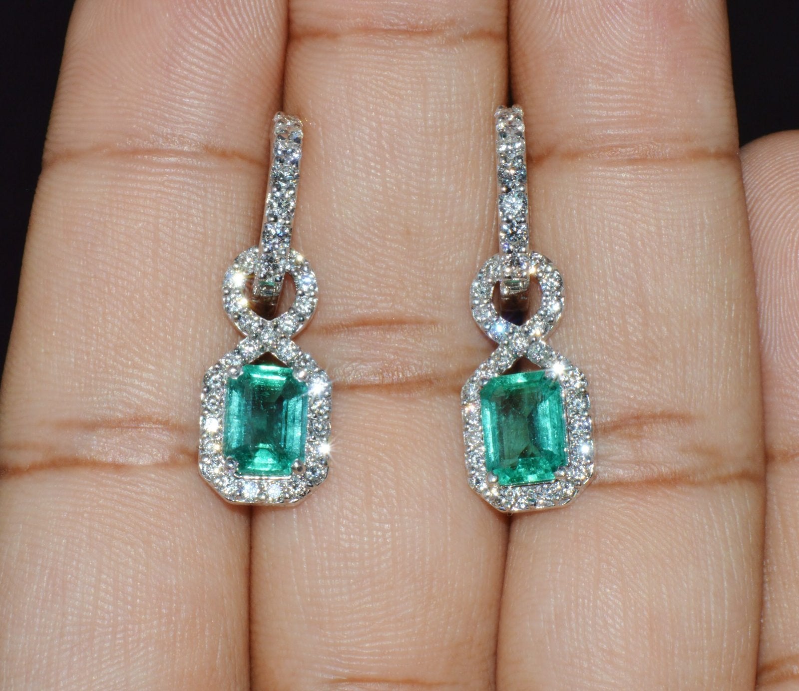 GIA Natural 4.12Cts VS F Diamond Emerald 18K Solid Gold Dangle Hoop 2-IN-1 Earrings