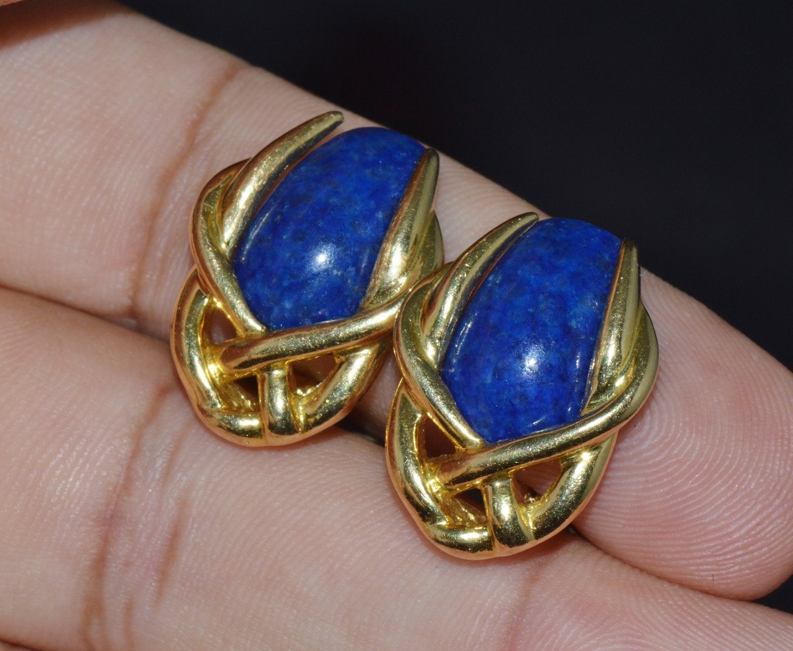 Gorgeous Italian Greek 18K 750 Solid Gold Lapis Lazuli Cluster Clip On Earrings