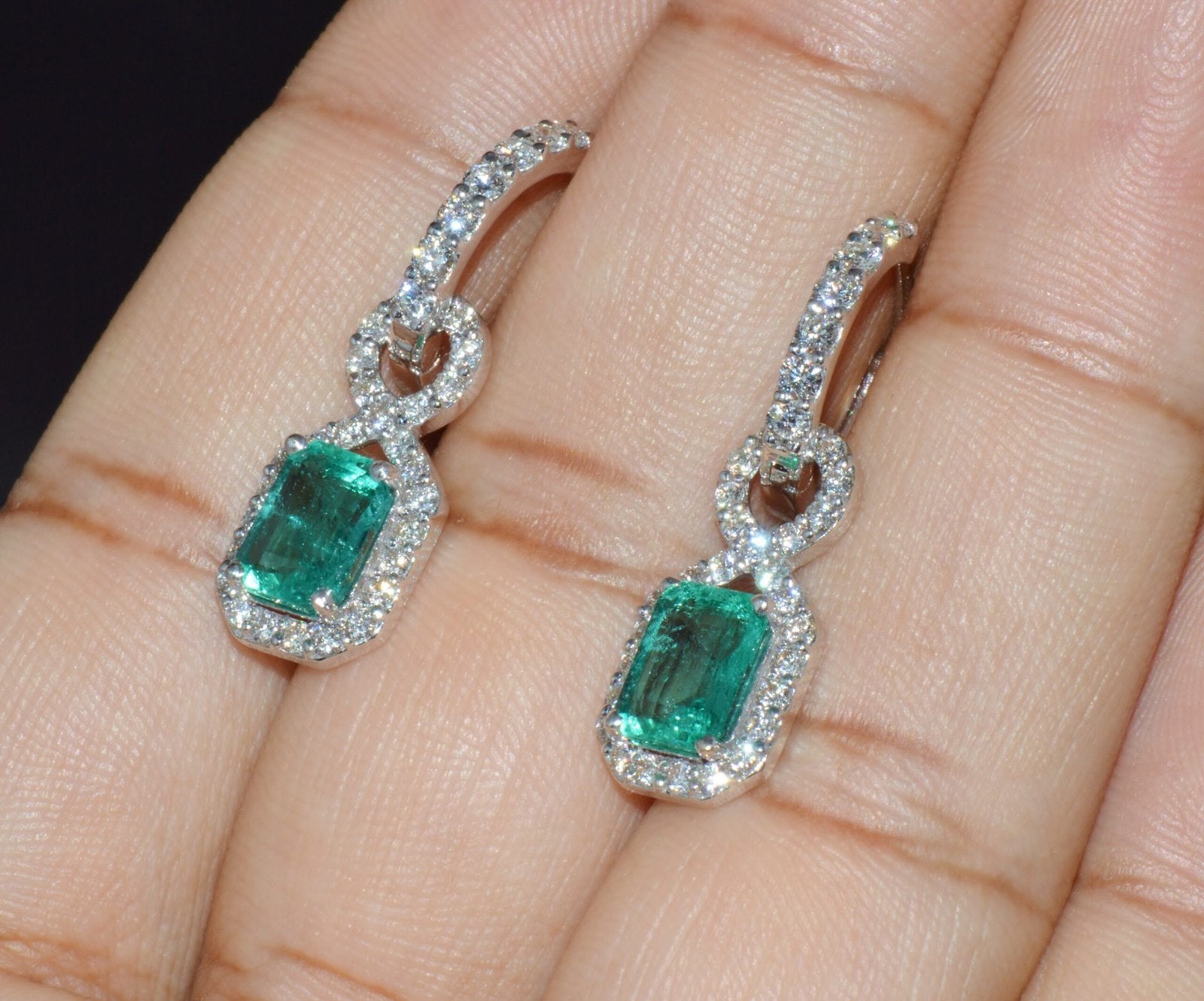 GIA Natural 4.12Cts VS F Diamond Emerald 18K Solid Gold Dangle Hoop 2-IN-1 Earrings