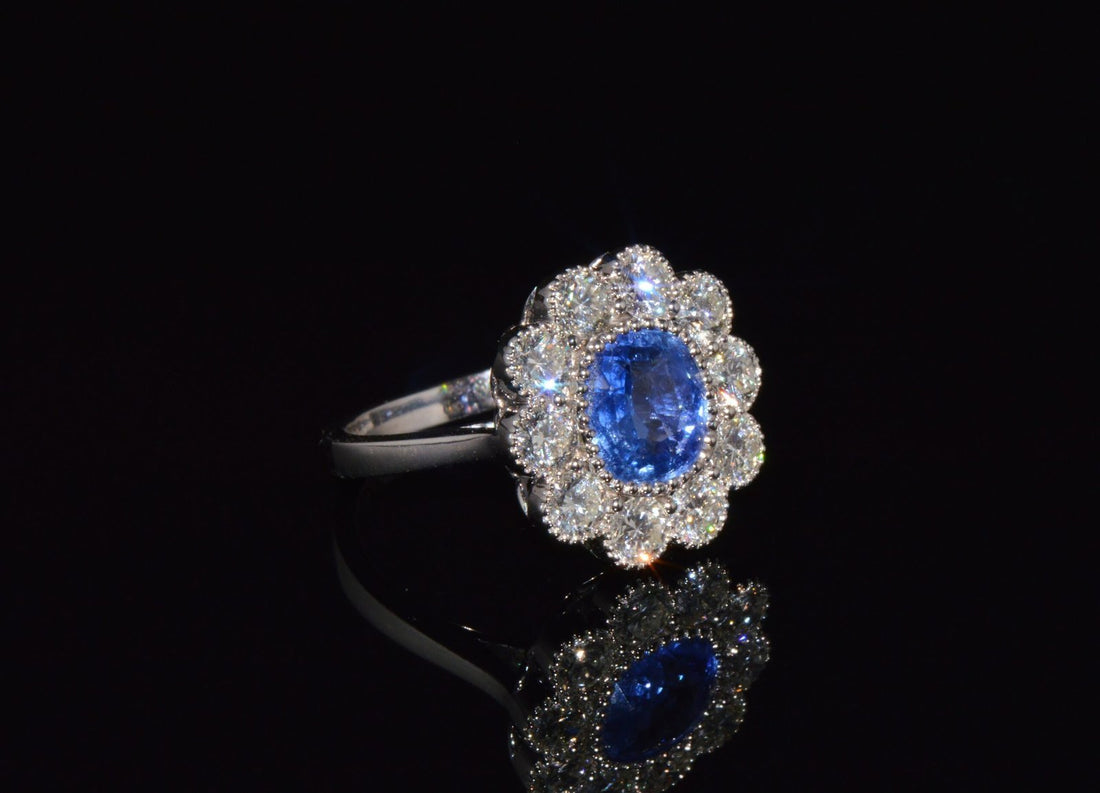 GIA Natural 3.78CTS VS F Diamond Royal Blue Sapphire 18K Gold Dinner Halo Ring