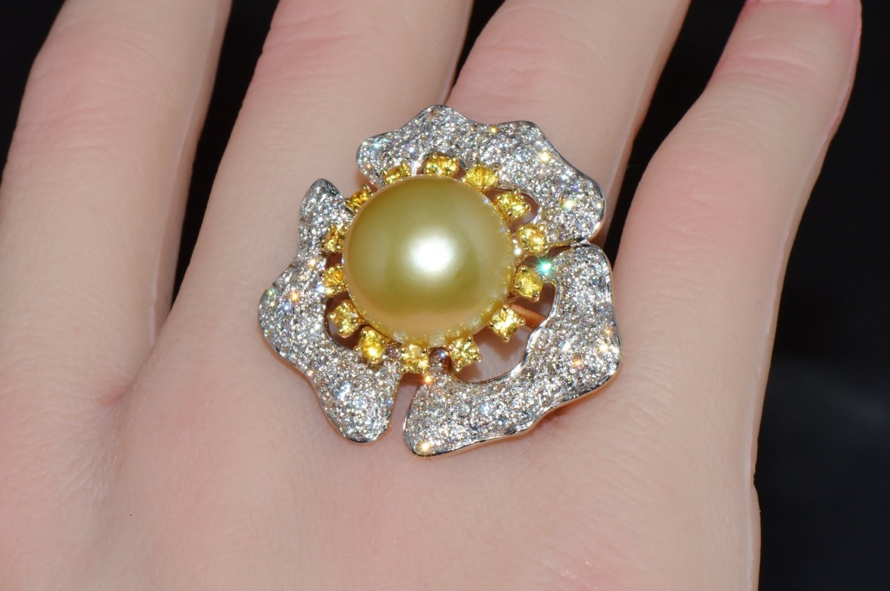 Certified Natural 26Cts VS F Diamond 15MM South Sea Pearl Sapphire 18K Solid Gold Floral Cluster Ring