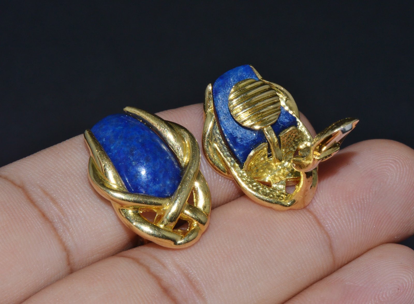 Gorgeous Italian Greek 18K 750 Solid Gold Lapis Lazuli Cluster Clip On Earrings