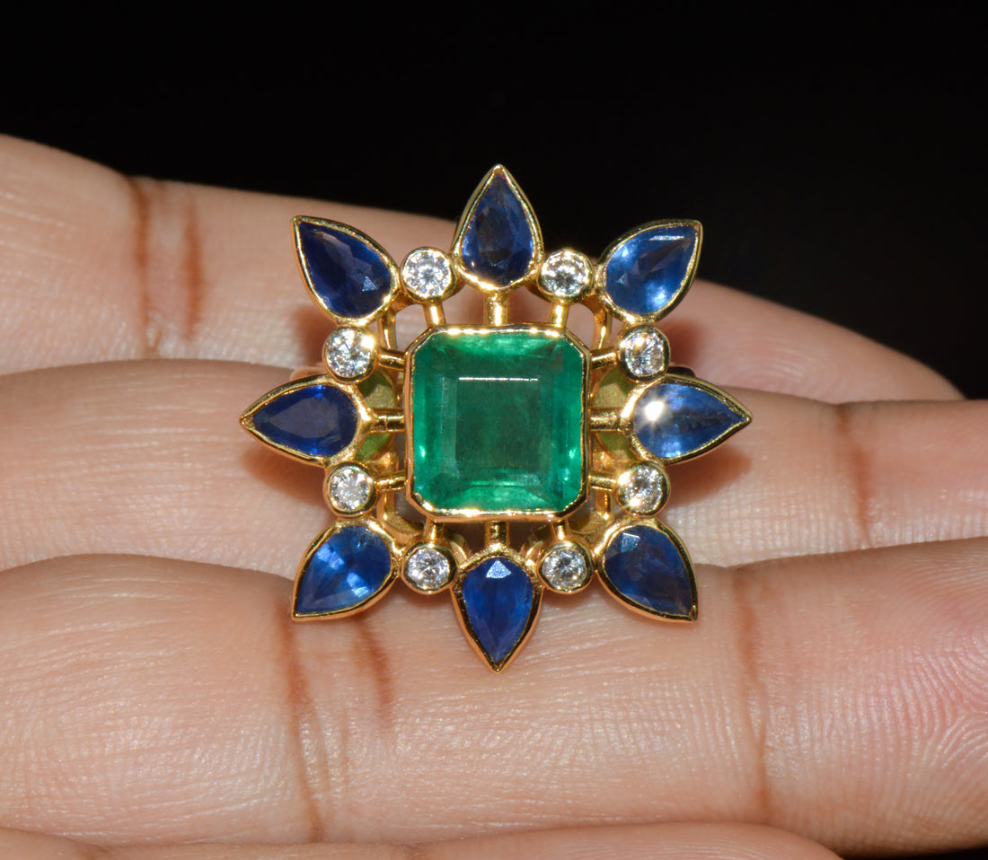 GIA Certified 8.20Cts Emerald Sapphire & Diamond 18K Gold Cocktail Ring