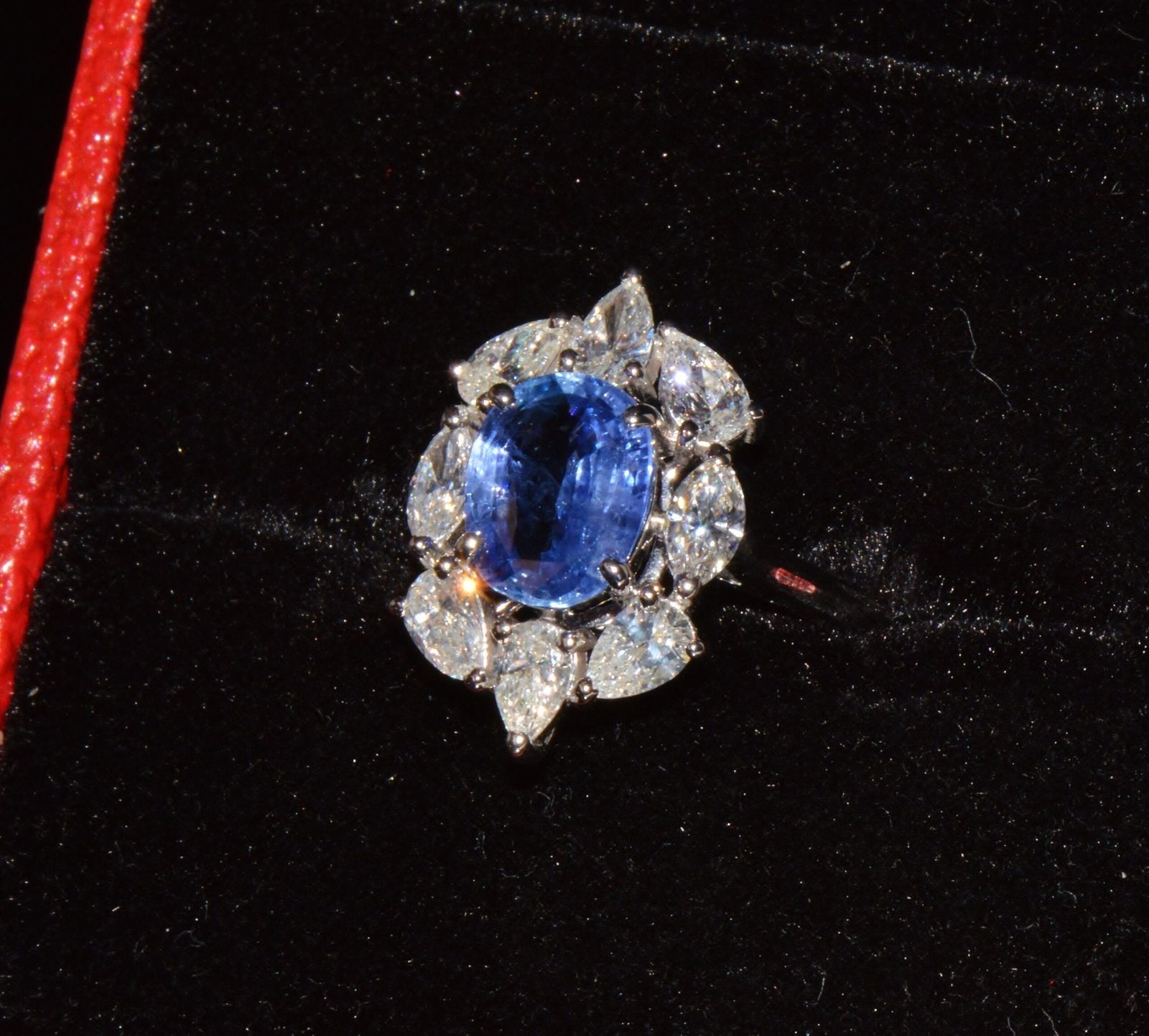 GIA Certified 3.29CT No-Heat Blue Sapphire & Diamond 18K Gold Halo Ring