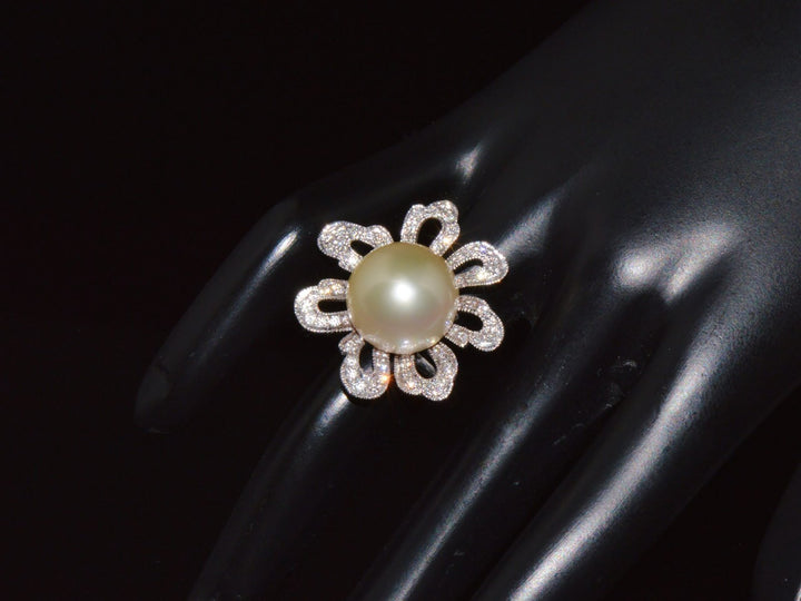 Certified Natural 0.88Cts VS F Diamond 14MM South Sea Pearl 18K Solid Gold Floral Ring