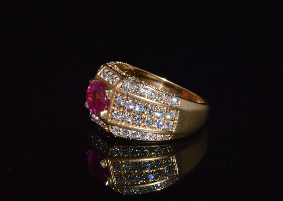 Certified Natural 2.81Cts VS F Diamond Vivid Red Ruby 18K Solid Gold Cigar Ring Band
