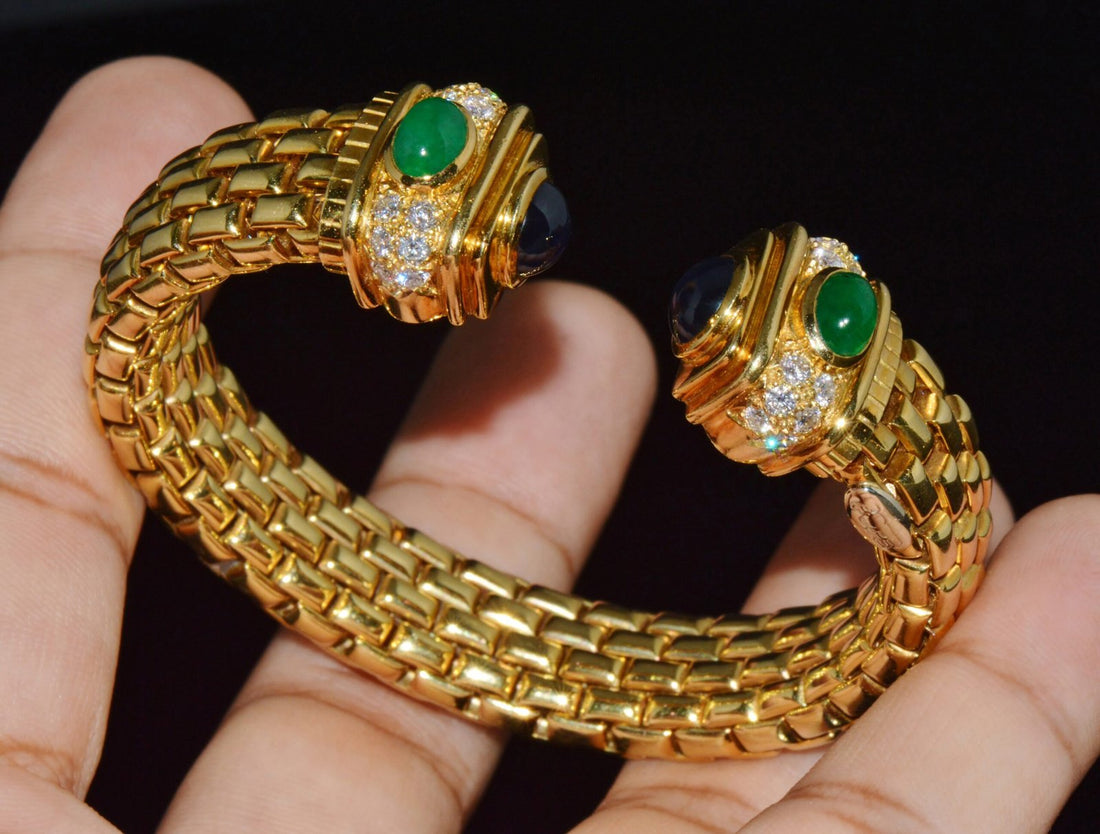 Vintage FOPE Flex’it Natural 5.20CT Diamond Sapphire Emerald 18K Gold Open Cuff Bracelet