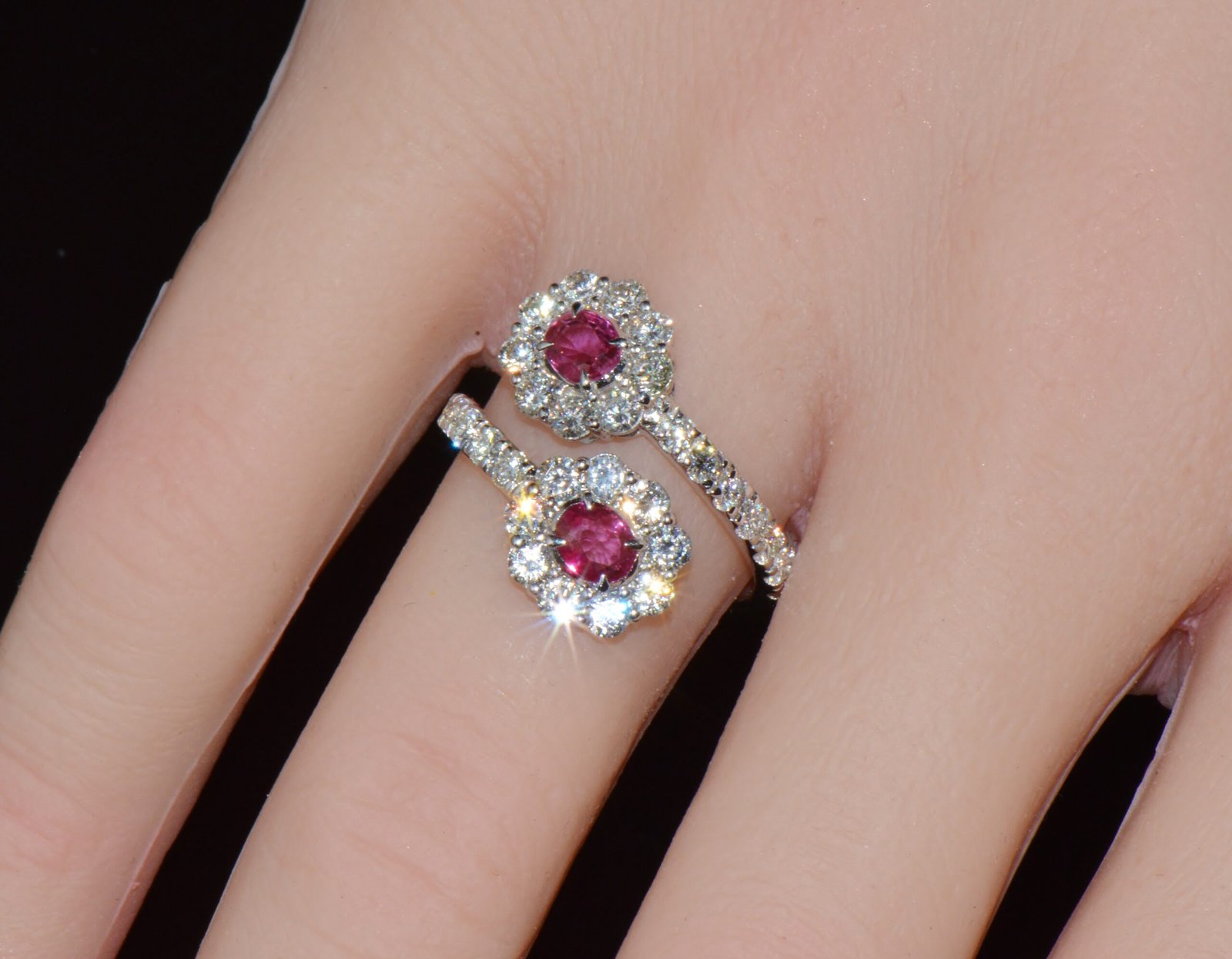 Certified Natural 2.08CTS Ruby Diamond Floral Bypass Halo Solid 18K White Gold Ring